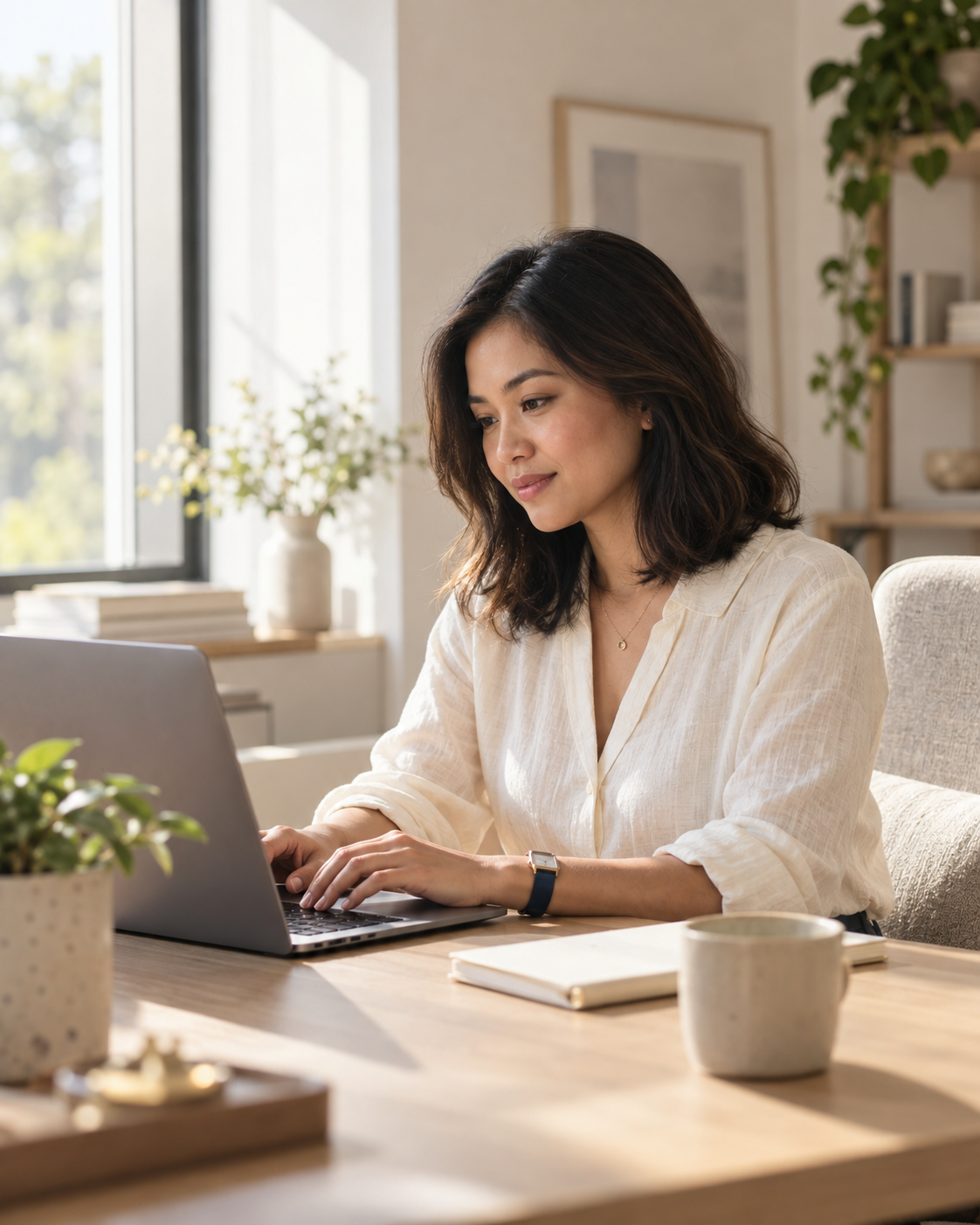 A business professional working at a laptop in a calm sunlit office